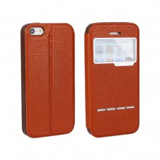iPhone SE 5 5s - Genuine Leather Smart Window View Front Flip Stand Protective Phone Cover Case - Brown